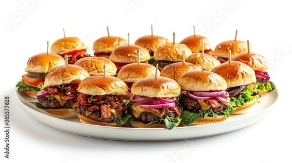 Fototapeta A vibrant platter of assorted mini sliders with various toppings, displayed on an isolated white background, ideal for showcasing diverse burger options in promotional content