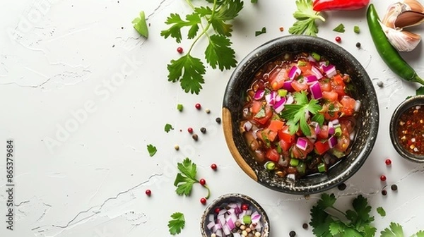 Obraz A bowl of spicy Mexican salsa with fresh ingredients, on a pristine white background, with plenty of copy space for advertisements and food product photography