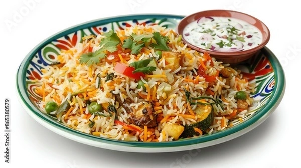 Fototapeta A colorful plate of vegetable biryani with a side of raita, displayed on an isolated white background, perfect for showcasing authentic Indian dishes in promotional content