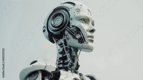 Fototapeta Craft a futuristic dystopian robot, with abstract artistic details, from an unexpected camera perspective