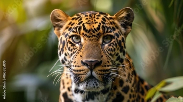 Fototapeta Close up young leopard portrait in jungle 