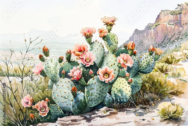 Fototapeta Flowering Cacti.  Generated image.  A digital illustration of a watercolor painting of flowering cacti in the American southwest desert.