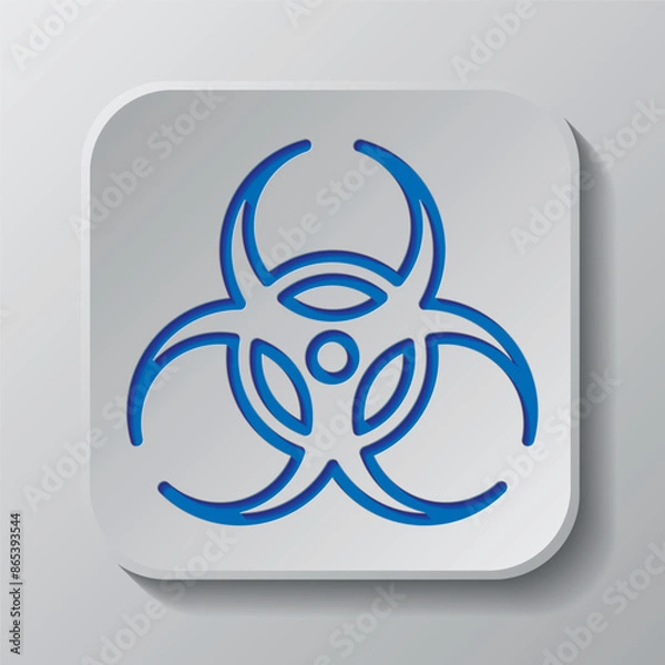 Fototapeta Biohazard simple icon vector. Flat design. Paper cut design. Cutted blue symbol with shadow. Gray badge button, gray background
