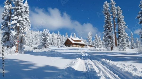 Fototapeta Snow-covered cabin in a snowy forest with a blue sky and clouds. Concept of winter wonderland, peace, relaxation and outdoor adventure.