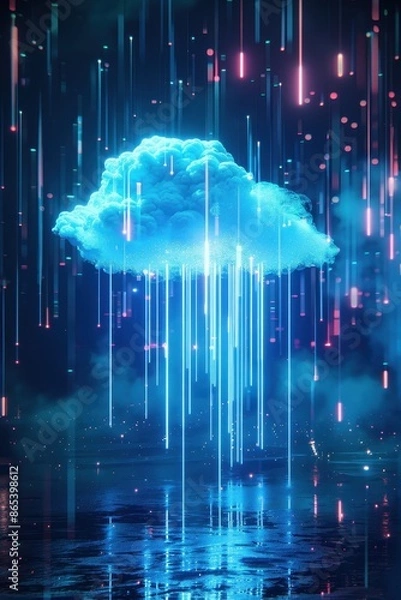 Fototapeta a glowing cloud in a futuristic neon-blue data stream