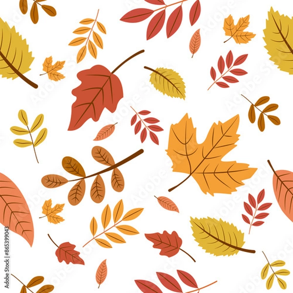 Fototapeta Seamless pattern with autumn leaves. Falling leaves. Autumn botanical background. For design of banners, fabrics, textiles, wallpaper. 