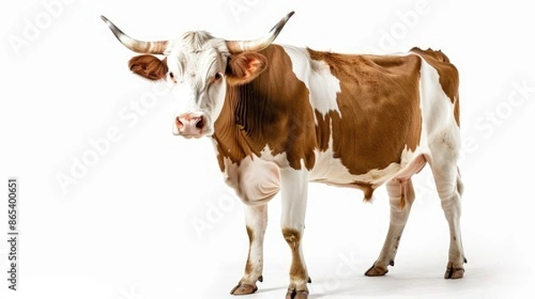 Fototapeta Graceful white-brown cow isolated on a clean white background, its tranquil presence symbolizing the beauty of rural simplicity