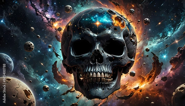 Fototapeta Skull floating in space, with galaxies, stars, and nebula 