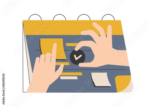 Obraz Calendar with hands placing checkmarks and sticky notes, symbolizing scheduling, planning, and organization in a business context. Perfect for illustrating time management concepts. Vector.