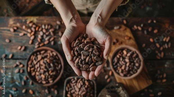 Fototapeta Person holding cocoa beans