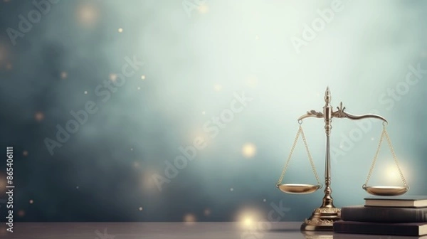 Fototapeta Scales of Justice on a Wooden Table