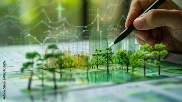 Fototapeta Businessman planning on environmental protection initiative for clean and sustainable future ecology, ESG environmental social governance display on paper chart on eco-friendly company, generative ai