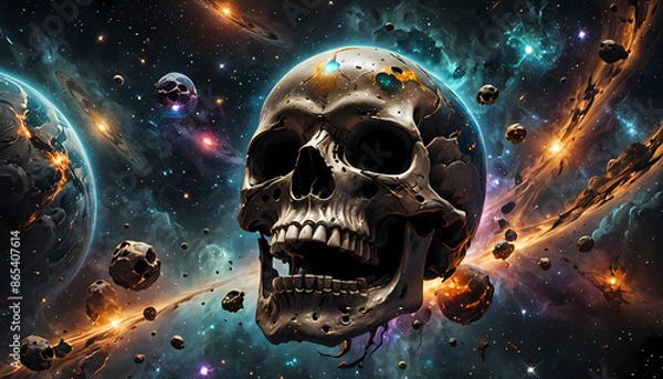 Fototapeta Skull floating in space, with galaxies, stars, and nebulae