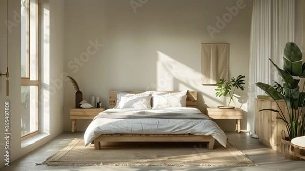 Fototapeta bedroom with bed and pillows blankets, comfy and cozy