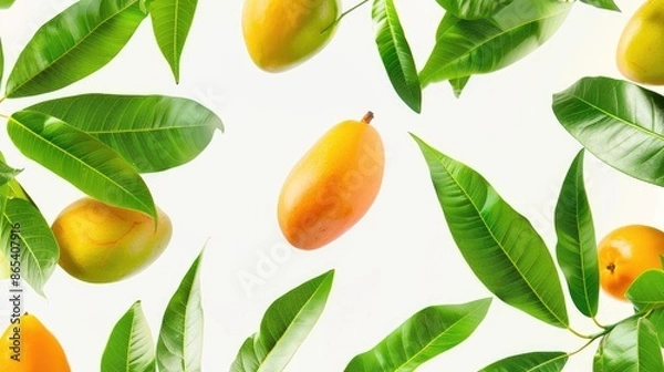 Obraz Mango defying gravity as it floats alongside lush green leaves against a white background, exuding a sense of tropical enchantment