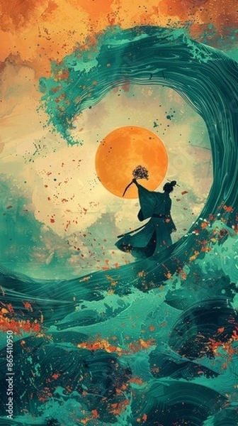 Obraz Samurai Amidst Ocean Waves with abstract sunset combines art, balance, and beauty