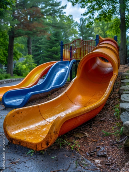 Fototapeta Colorful Slides at a Sunny Playground