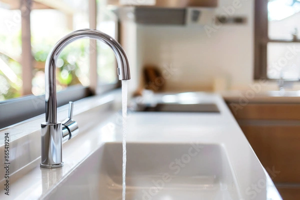 Fototapeta Modern white kitchen sink with clean chrome faucet with water flows