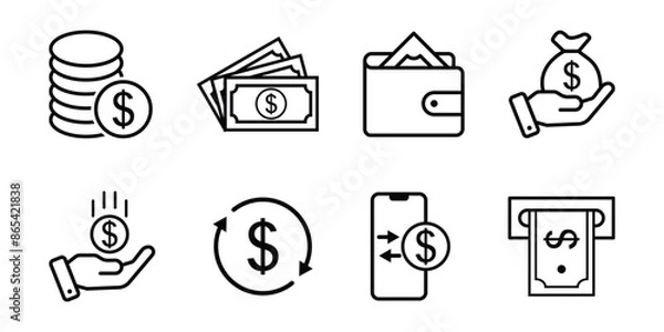 Fototapeta money icon set. containing cash, saving, wallet, transfer, withdraw icons. finance symbol for app, ui, website and design element. transparent png and vector illustration.