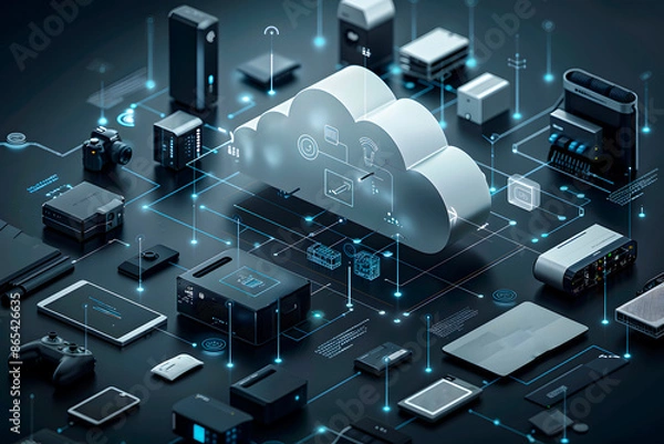 Fototapeta A cloud computing platform with various devices connected to it, showcasing the data transfer and storage capabilities of cloud technology. Datum, digital, science, no people, computer. Generative Ai.