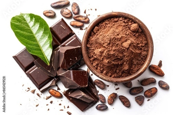 Fototapeta Delicious Cocoa and Chocolate Pieces with Green Leaves. Superfood Concept
