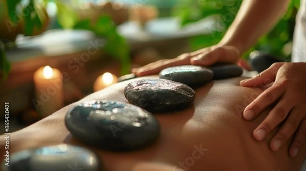 Fototapeta A close-up view of a person receiving a hot stone massage at a spa. The therapist is placing a warm, smooth stone on the persons back.