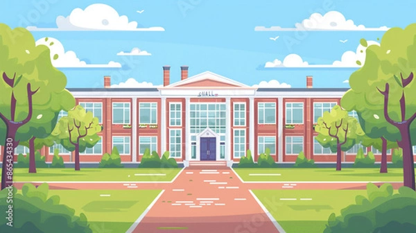 Fototapeta Illustration of a school building with a colonial style that has a symmetrical facade design with the main entrance in the middle of the building. 2d flat illustration style.