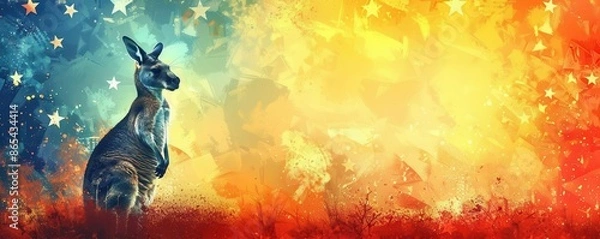 Fototapeta Artistic Australian flag and kangaroo close up, focus on, copy space vibrant colors, double exposure silhouette with ecosystem
