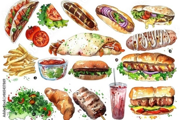 Fototapeta Watercolor Doner Kebab Ingredients Set. Hand Drawn Illustration of Classic Turkish Sandwich with Chicken, Beef, Lamb, and Fresh Vegetables on Pita Bread