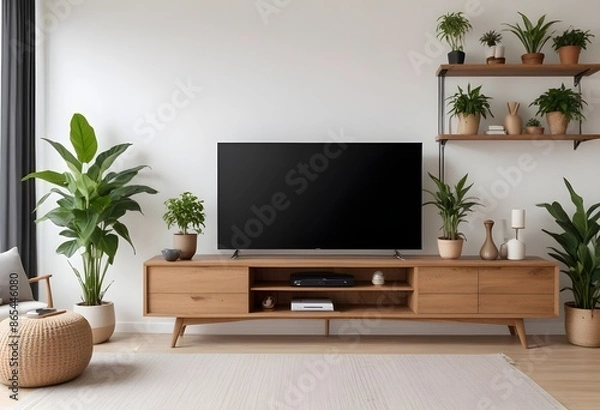 Fototapeta Mockup poster TV cabinet and storage space in a living room with a white wall. Generative AI