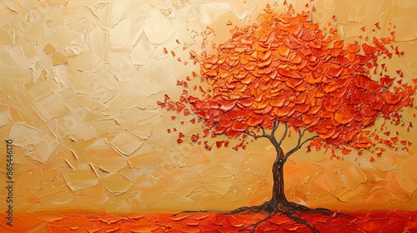 Fototapeta An abstract painting of a tree in autumn with vibrant orange and red leaves. The textured brushstrokes on the acrylic canvas create a colorful, modern landscape.