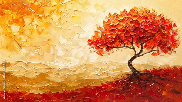 Fototapeta This image features an abstract painting of a tree in autumn with vibrant orange, red, and yellow leaves. The textured brushstrokes on the acrylic canvas create a colorful, modern landscape