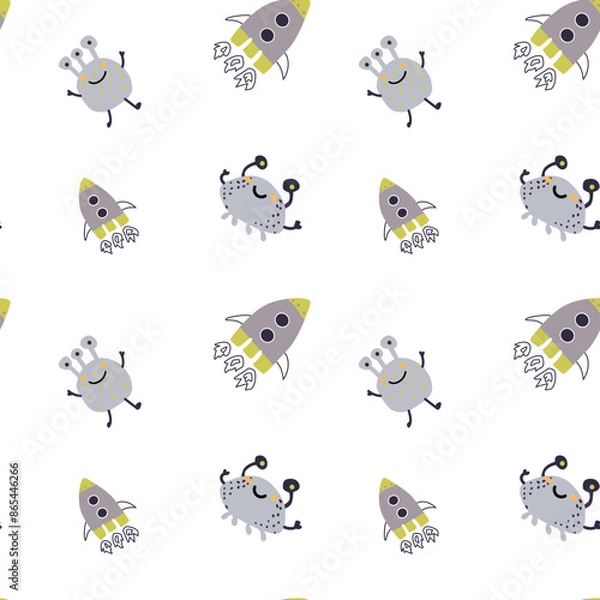Fototapeta Childrens cute pattern with monsters or aliens in space. Galaxy elements and rockets, planets background. Cute characters and cosmic objects for print. Childrens adventure pattern in naive doodle styl
