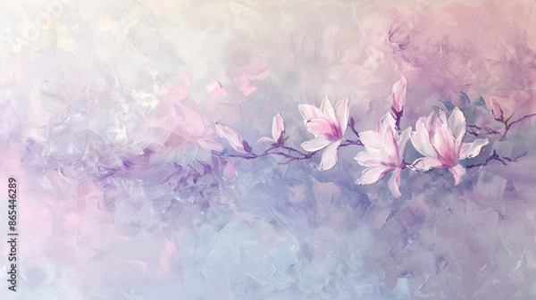 Fototapeta This image features magnolia flowers in an abstract painting with soft pastel colors, including purple and pink. The delicate petals and textured brushstrokes create an elegant, contemporary floral de