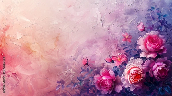 Fototapeta This image features roses in an abstract painting with pink and purple hues. The textured petals and delicate brushstrokes create an elegant, modern floral design