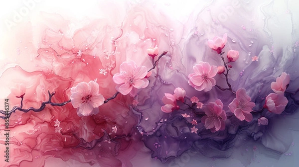 Fototapeta  cherry blossoms painted in a delicate watercolor style, with soft pink and purple hues. The floral branches and petals create an elegant, ethereal springtime scene.
