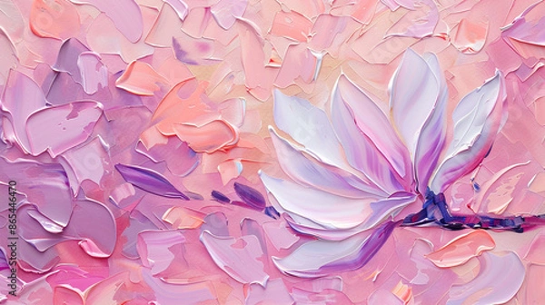 Fototapeta This image features an abstract floral painting with pastel colors, including purple and pink brushstrokes. The textured petals are created using an impressionist style.