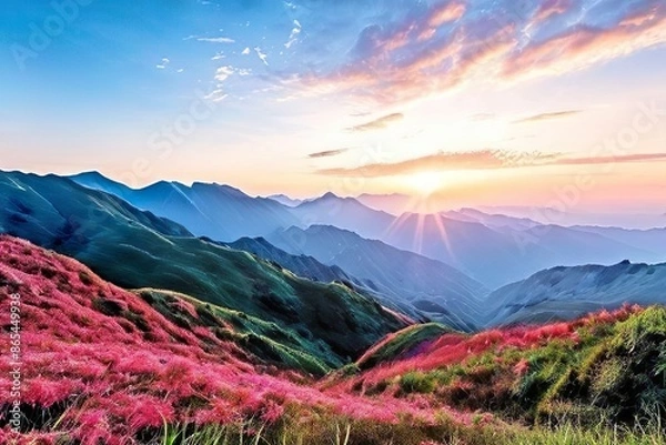 Obraz Sunset over mountain range with pink wildflowers