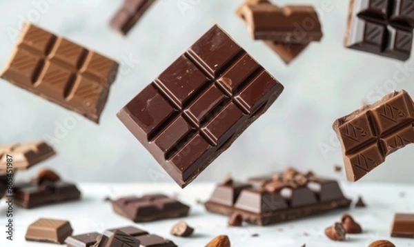 Fototapeta Different types of chocolate pieces and bars floating in mid-air with a white background