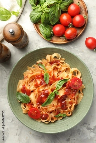 Fototapeta Delicious pasta with tomato sauce and basil in bowl on grey textured table, flat lay