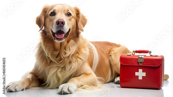 Fototapeta Golden Retriever with First Aid Emergency Pet Care Kit in Red Cross Bag