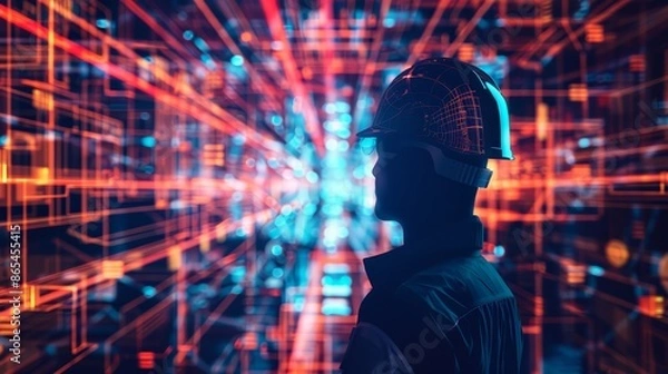 Fototapeta A silhouette of a person wearing a hard hat is immersed within a dynamic and colorful digital network, representing technological advancement and future possibilities.