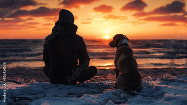 Fototapeta Man and his dog sitting on the beach at sunset