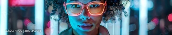 Fototapeta photo futuristic woman with cell phone displaying Black Friday sales hologram, front view, highlighting modern retail technology, advanced tone, Monochromatic Color Scheme