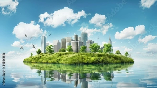 Obraz concept city of the future with alternative energy sources, solar panels, electric wind turbines and gardens on balconies, vertical gardening