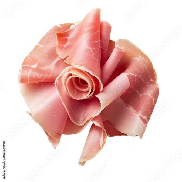 Obraz Elegant arrangement of thinly sliced cured ham shaped like a delicate rose for gourmet culinary presentation.