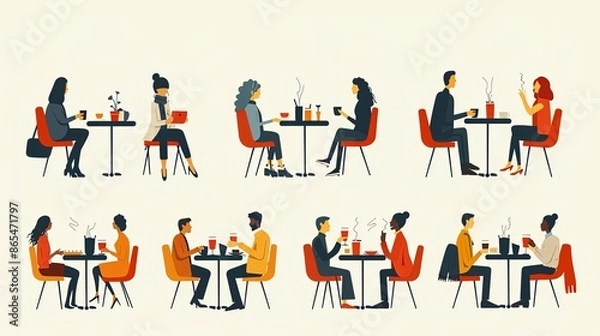 Fototapeta Cafe visitors people. Persons sitting restaurant tables, business lunchtime, waiters take orders. Men and women eating and drinking on meeting, vector cartoon flat isolated set