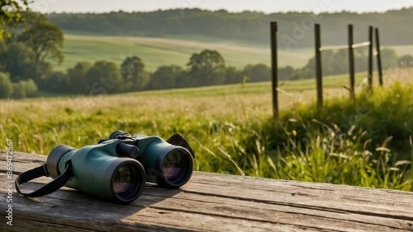 Fototapeta Green binoculars on a wooden bench overlook a serene countryside field, ideal for wildlife observation, relaxation, and outdoor adventures.