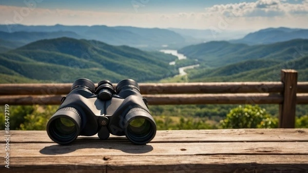 Fototapeta Binoculars resting on a wooden deck overlooking a scenic mountain vista, perfect for nature lovers, hiking, travel, and outdoor exploration.