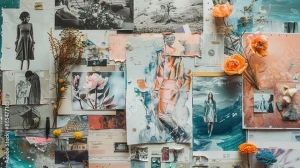 Obraz An artistic flat lay of a mood board, combining pastelhued fashion sketches, inspirational photos, and design elements, capturing the essence of creativity